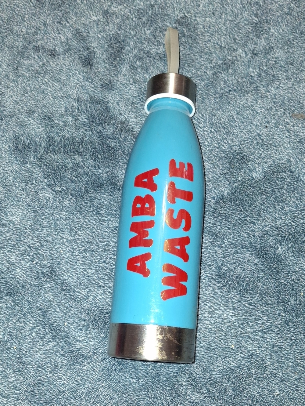Personalized Blue Stainless Steel Water Bottle with Red "AMBA WASTE" Graphic